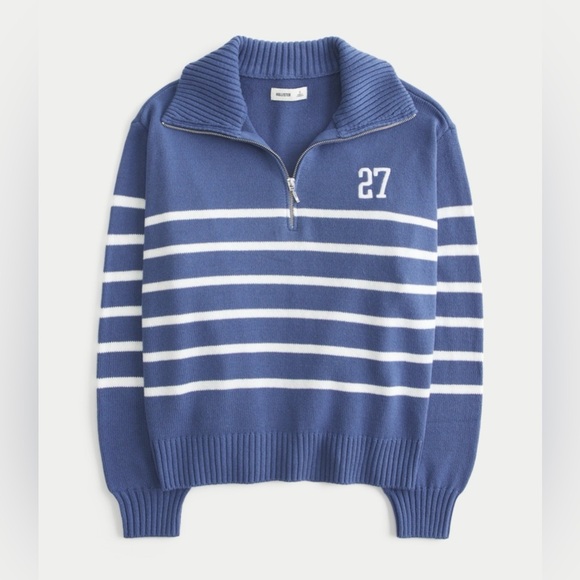 Hollister Sweaters - Hollister Blue and White Striped Quarter Zip-Up Sweater • Oversized Varsity Top